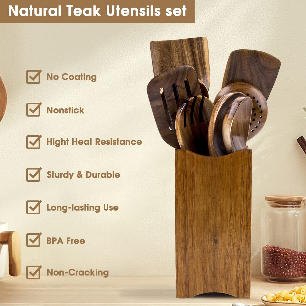 Woodme Kitchen Utensils Set 8 Piece Teak Wooden Cooking Utensil Set Non-Stick Pan Wood Spoons And Spatula Cookware For Home Ever