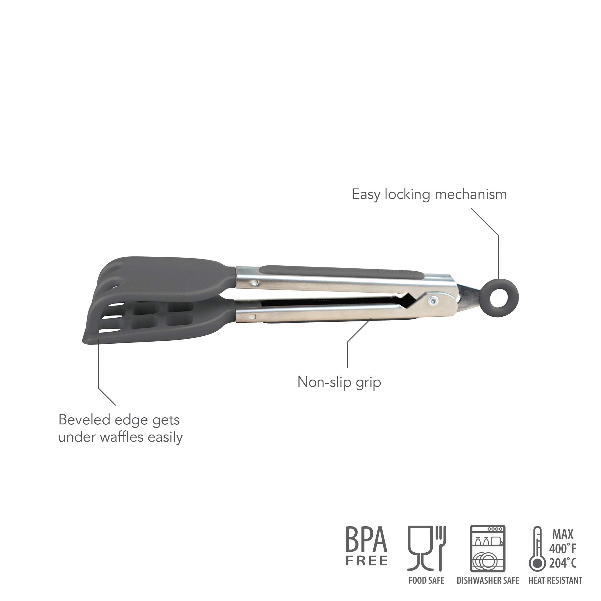 Tovolo Easy-Grip Mini Non-Slip Stainless Steel Handle, Heat-Resistant Silicone Heads, Kitchen Tongs For Cooking Waffles & Breakf