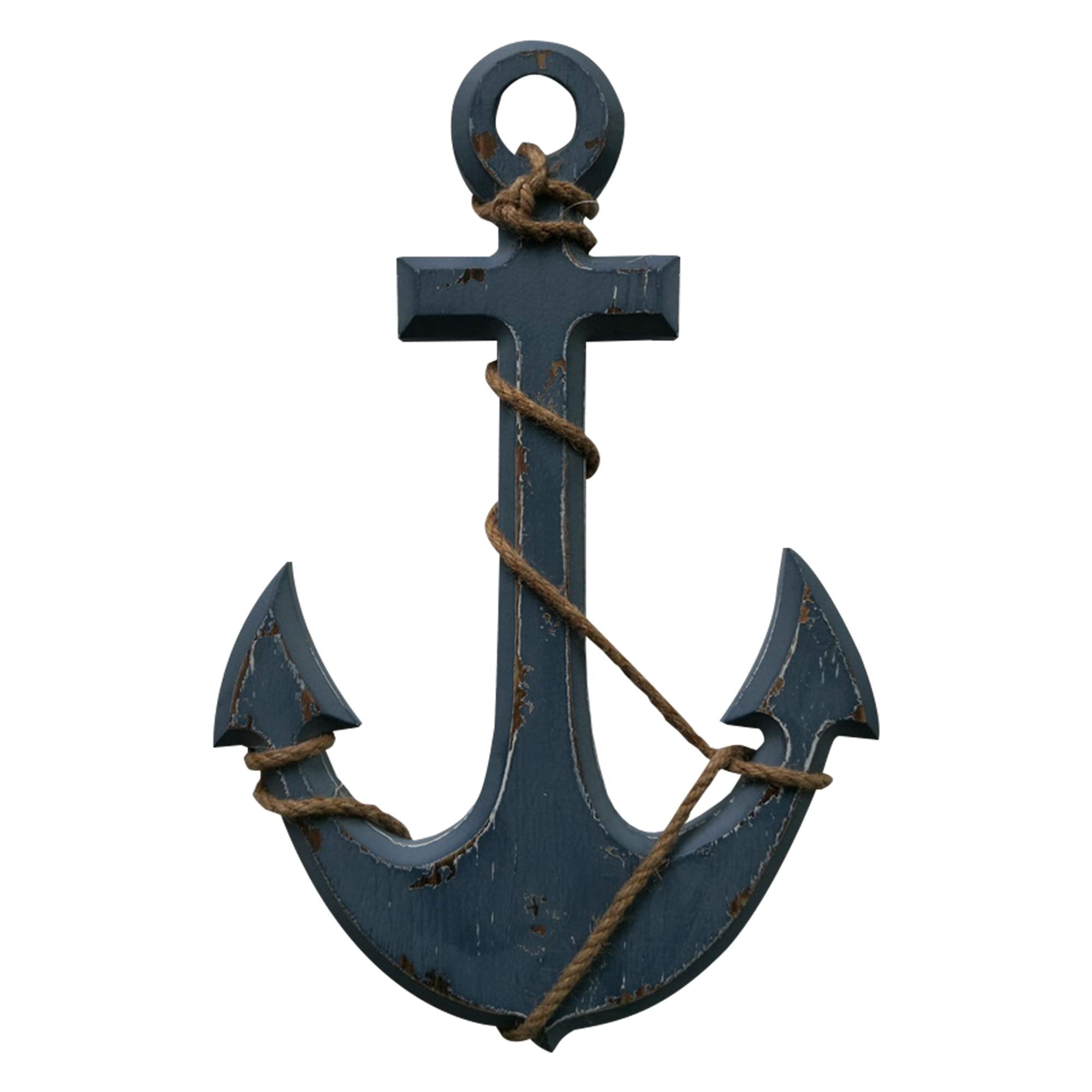 Benzara Nautical Distressed Hanging Wooden Anchor Art Decor with Rope, Blue