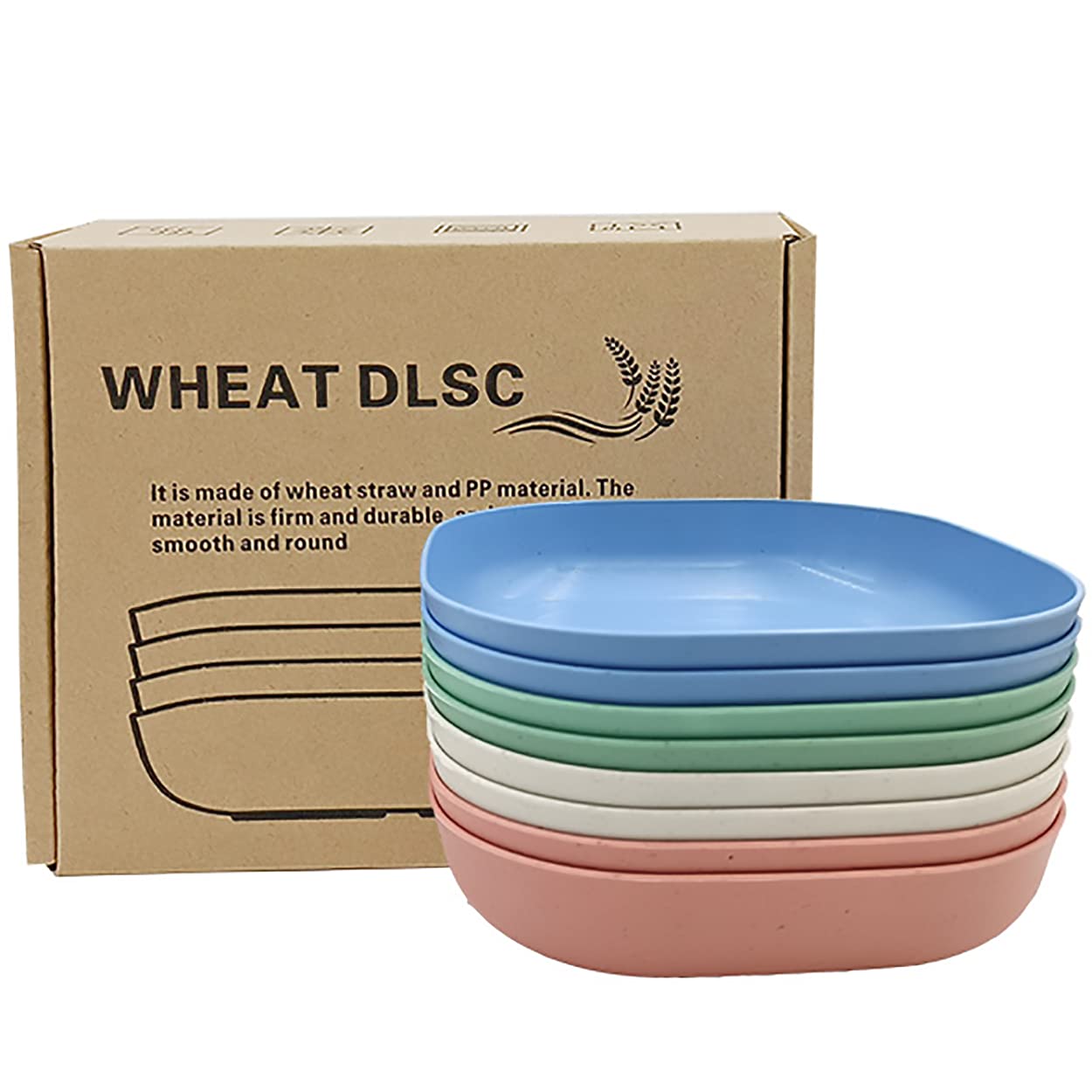 Dadamong 8Pcs Square Wheat Straw Plates Deep Dinner Dishes 5.7 Inches Unbreakable Tableware For Noodle Rice Fruit Cereal Dessert