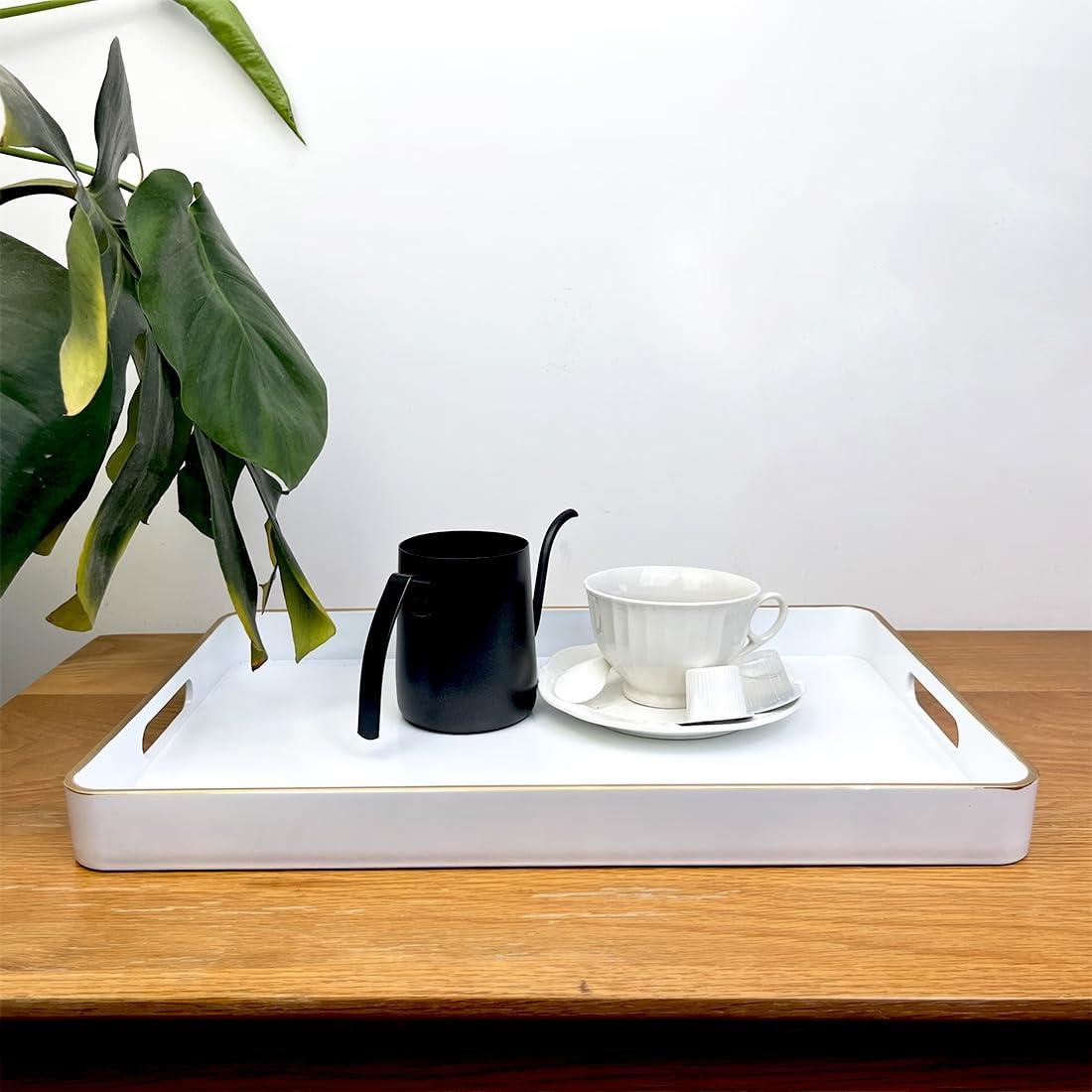 Uoekcs White Decorative Tray, Rectangular Serving Trays With Handles, Plastic Tray For Ottoman, Coffee Table Tray For Living Roo