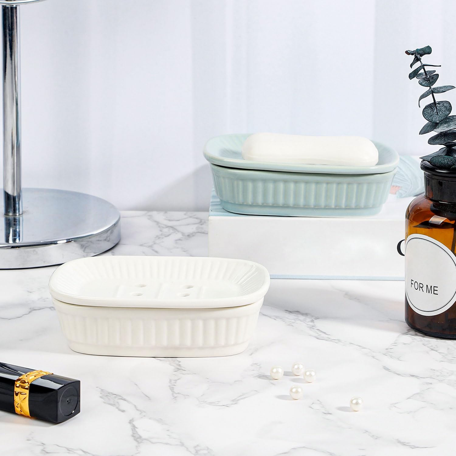 Vanenjoy White Ceramic Soap Dish, Self Draining Soap Dish For Kitchen Sink, Decorative Bathroom Soap Dish, Kitchen Sponge And So