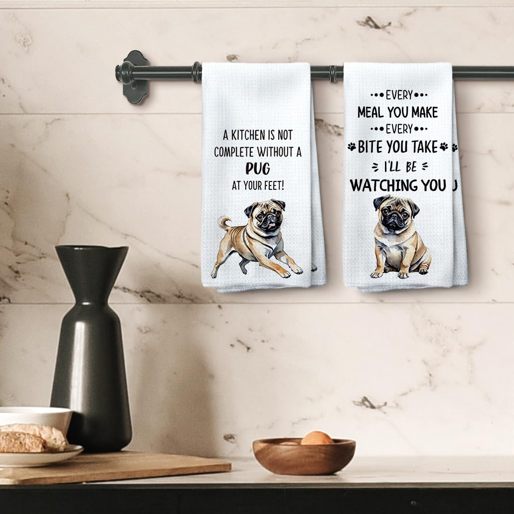 Tzhim Pug Gifts Kitchen Towels Set Of 2, Pug Gifts For Pug Lovers Women, Pug Mom Gifts, Pug Decor Hand Towels, Pug Dog Dish Towe