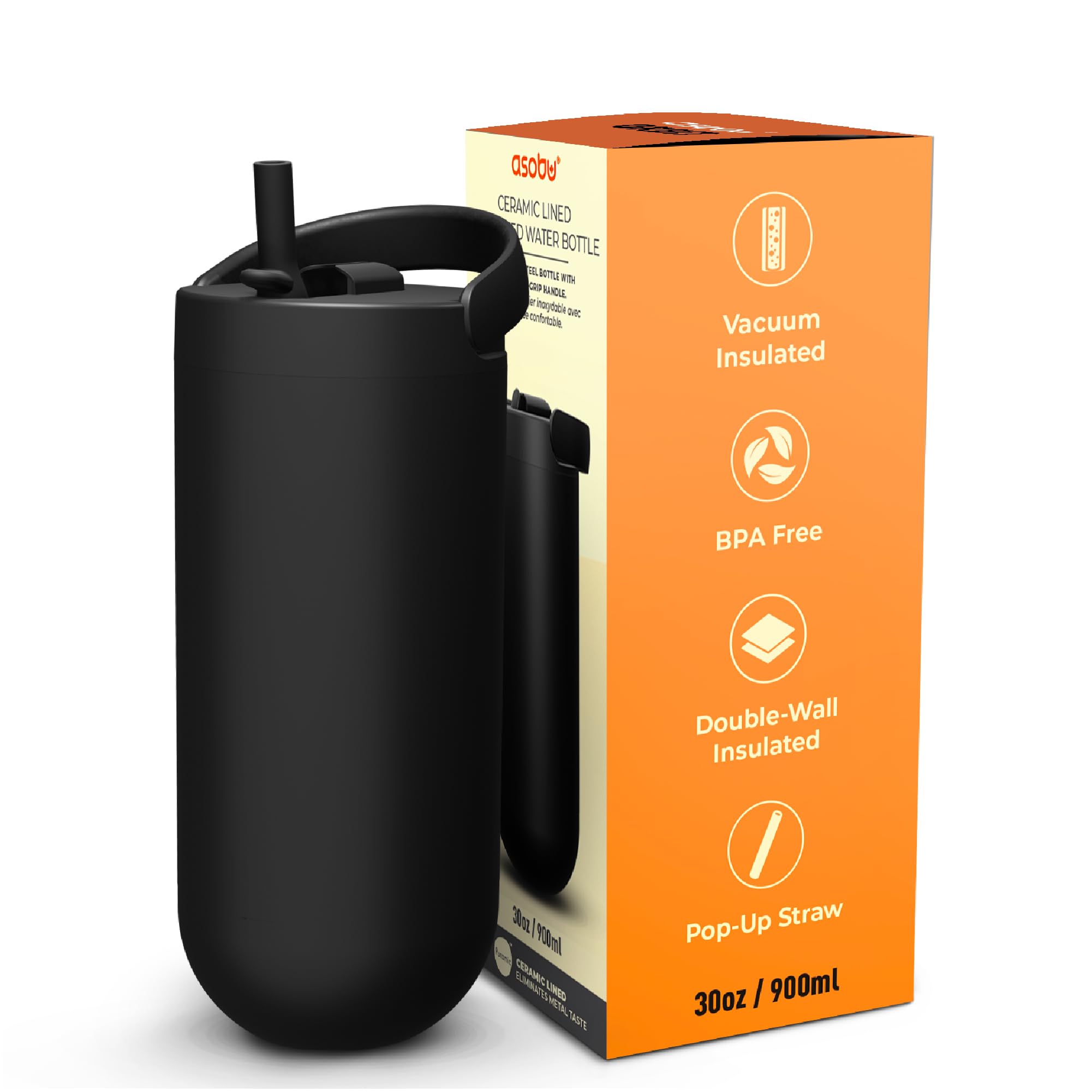 Asobu Orbit 30oz/900ml Water Bottle, Sleek Insulated Bottle with PopUp Lid and Carry Handle, Perfect for Iced Coffee, Travel, a