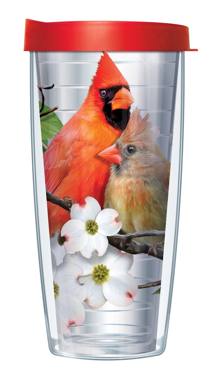 Signature Tumblers Cardinal Birds On Dogwood Branch Wrap On Clear 16 Ounce Double-Walled Travel Tumbler Mug With Cherry Red Easy