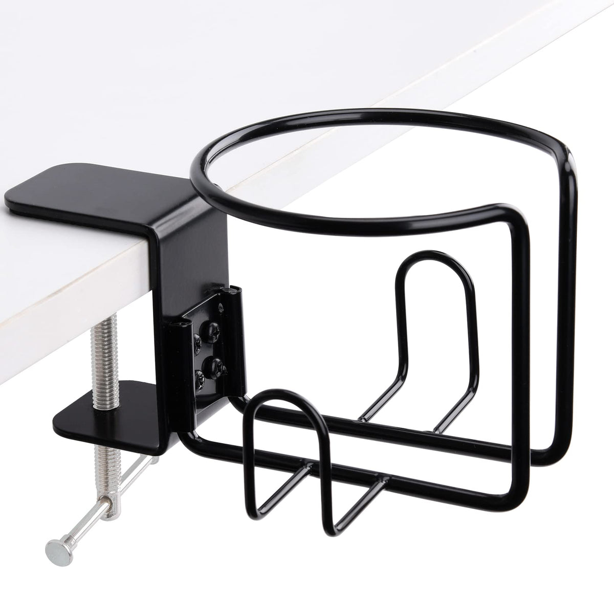 Lekusha Large Desk Cup Holder, Clip On Table Anti-Spill Cup Holder For Lawn Chair, Horizontal Or Vertical Mount, Pack Of 1, Blac