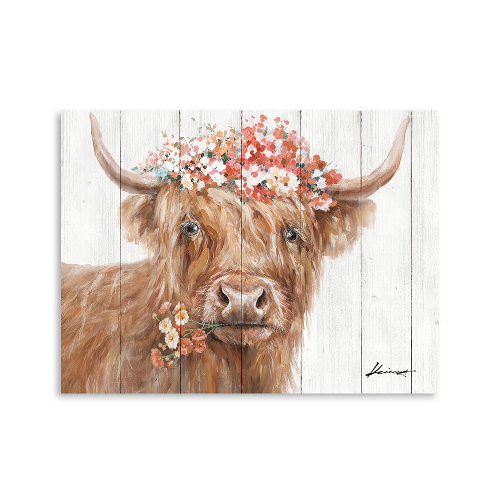 Yidepot Highland Cow Decor For Farmhouse: Retro Scottish Calf Pictures Hold Flowers Inspirational Quote Canvas Wall Art For Boy'