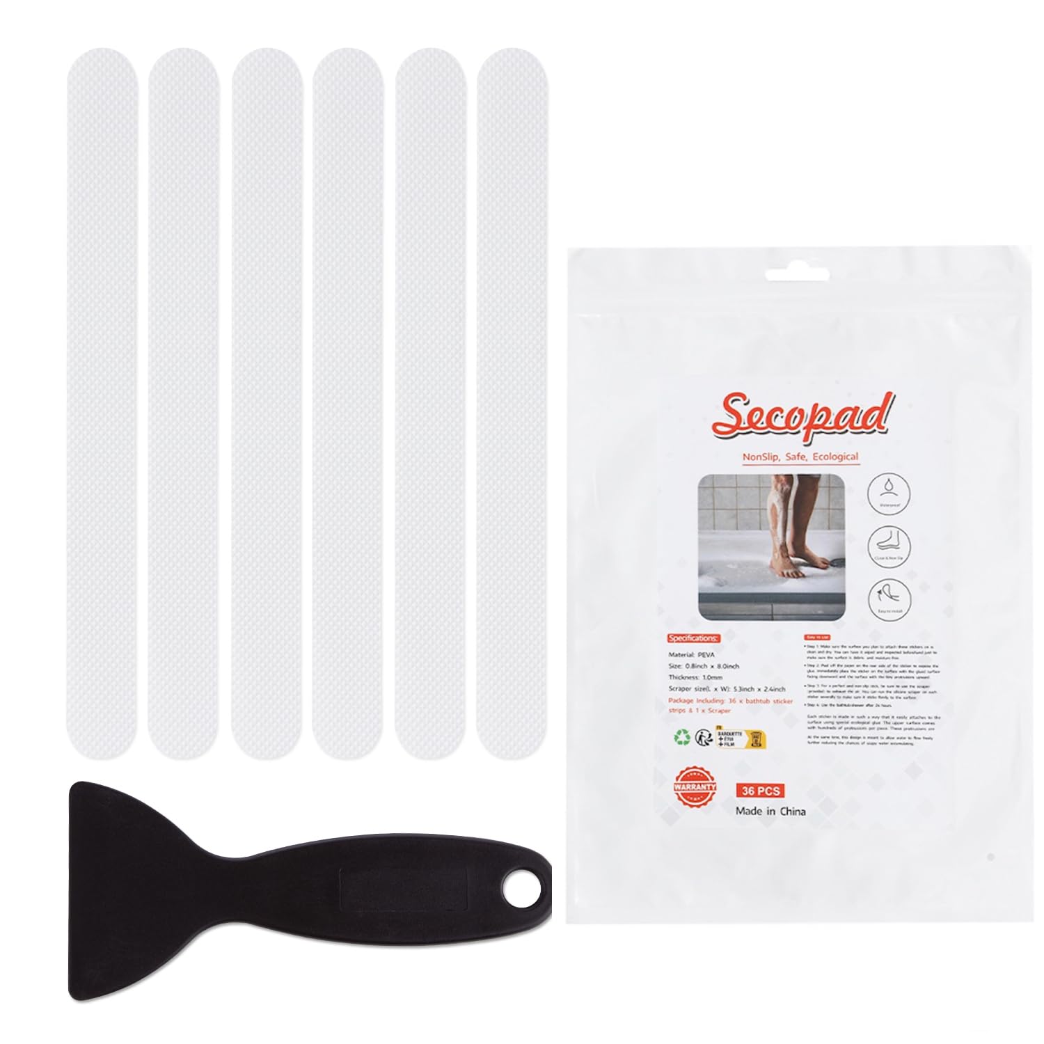 Secopad 36Pcs Non Slip Bathtub Stickers, Shower Floor Non Slip Grip Stickers With Premium Scraper(White)