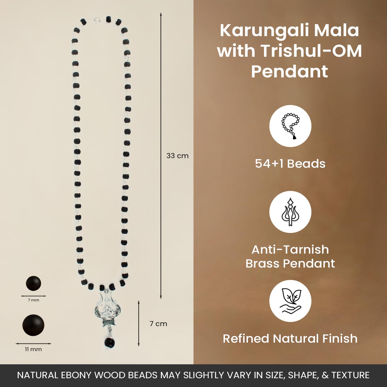 7Mm Karungali Mala With Om Brass Pendant