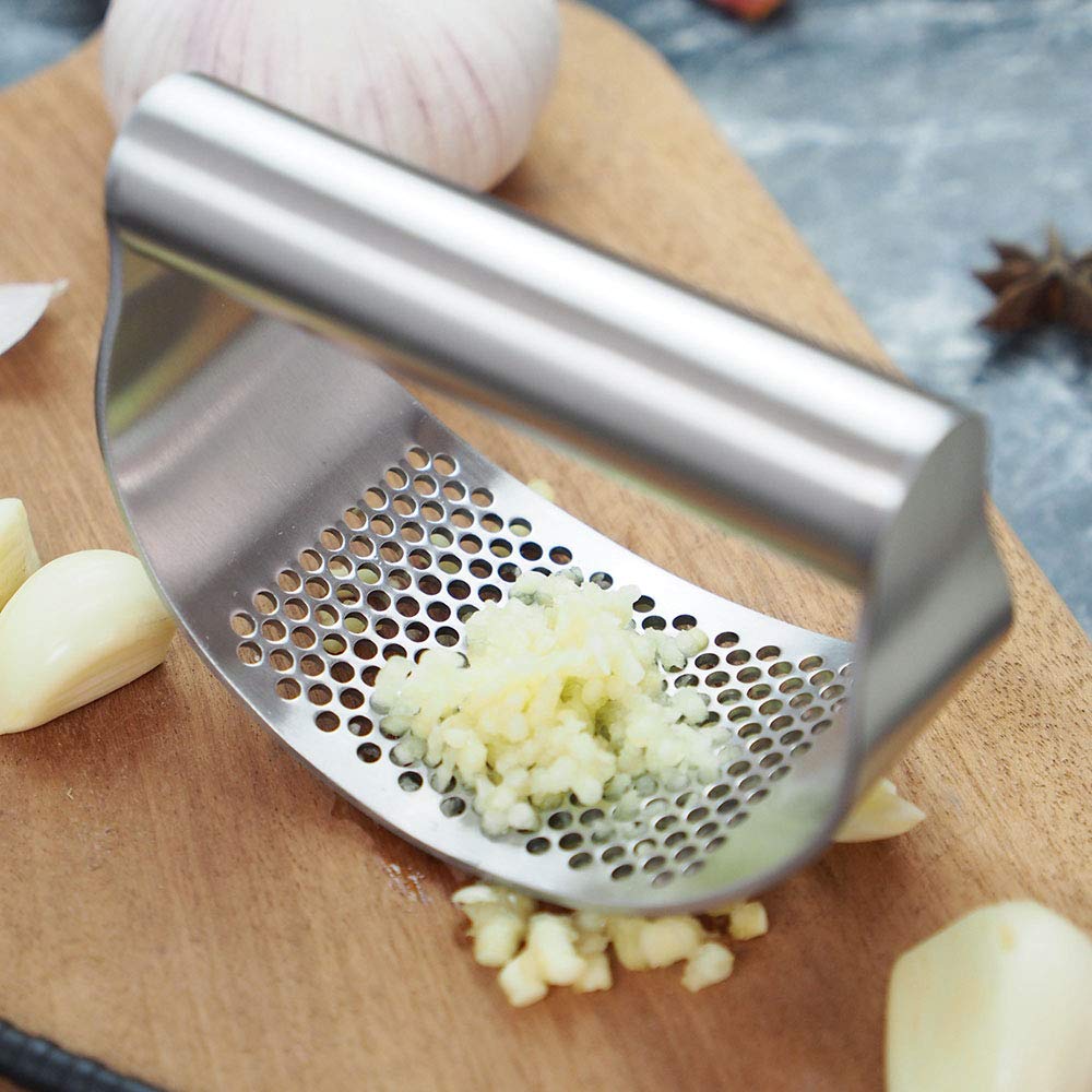 Suparo Garlic Press Rocker Stainless Steel, Fruit Crusher With Comfortable Handle Porous Surface, Easy Use & Clean, Vegetable Sq