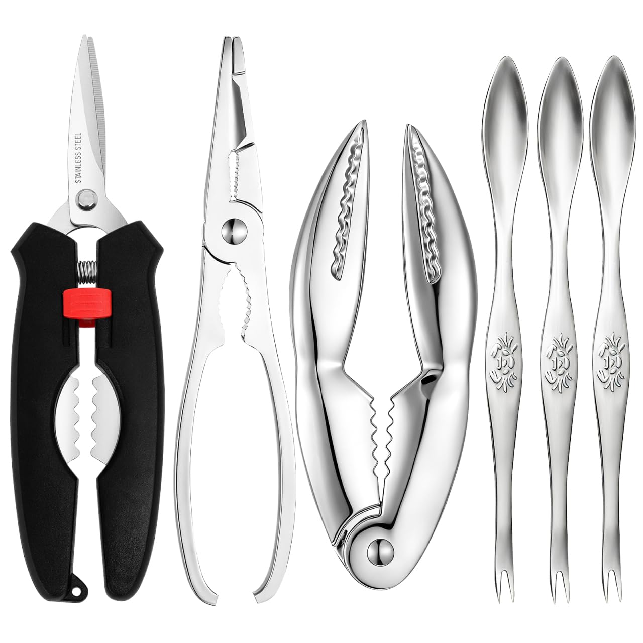 ABOOFAN 6pcs Seafood Cracker Tool Set, Stainless Steel Scissors, Forks, Nut Cracker, and Picks Set, Multi-Functional Seafood Ope