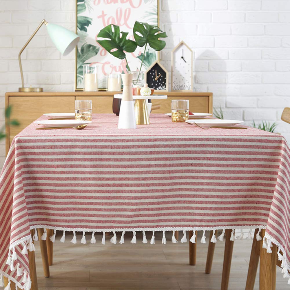 Amzali Stripe Tassel Tablecloth Cotton Linen Stain Resistant/Dust-Proof Waterproof Table Cover For Kitchen Dinning Tabletop Deco
