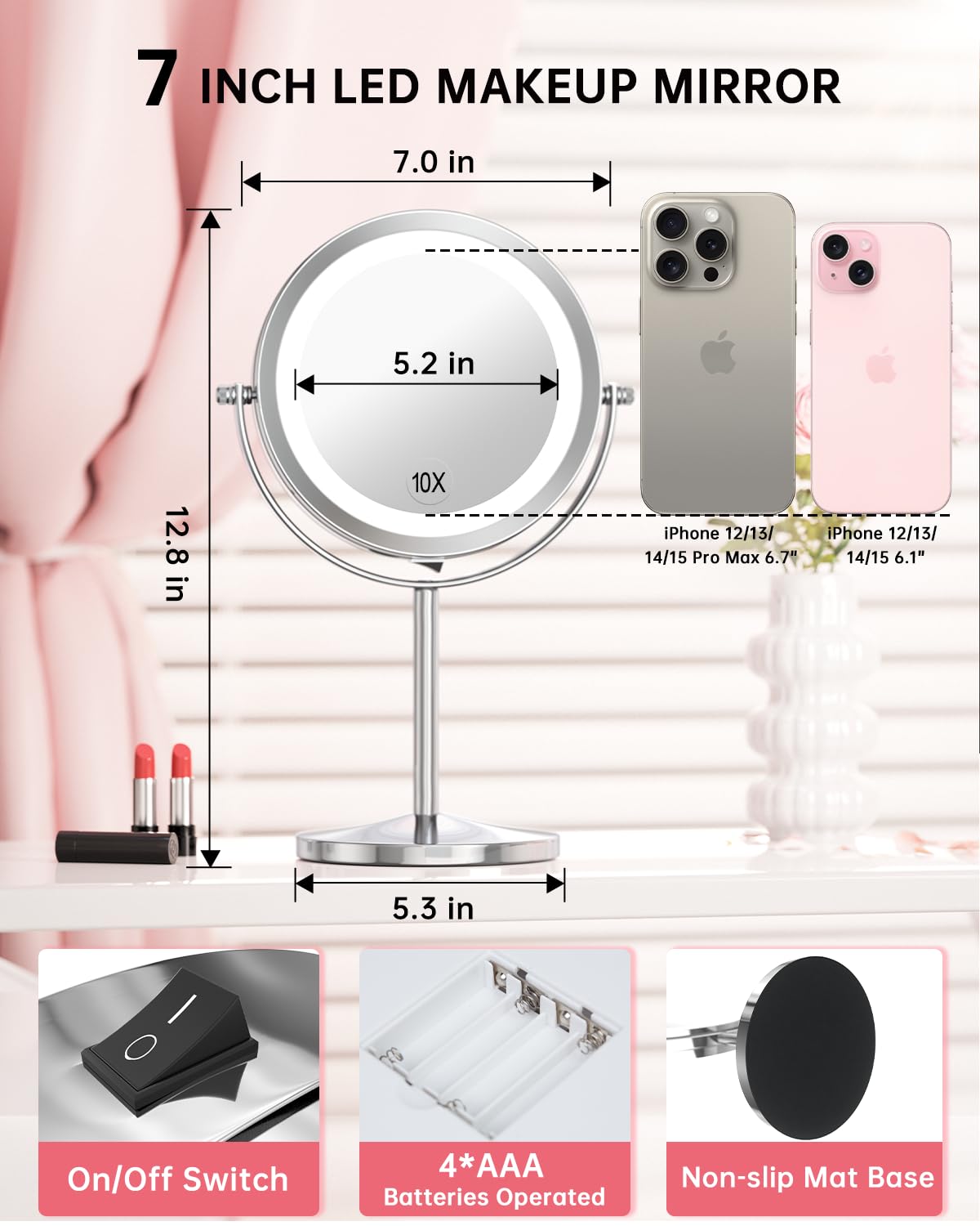 Gospire 1X/10X Magnifying Lighted Makeup Mirror Double Sided Round Standing 360 Degree Swivel Mirror For Shaving Bathroom 7 Inch