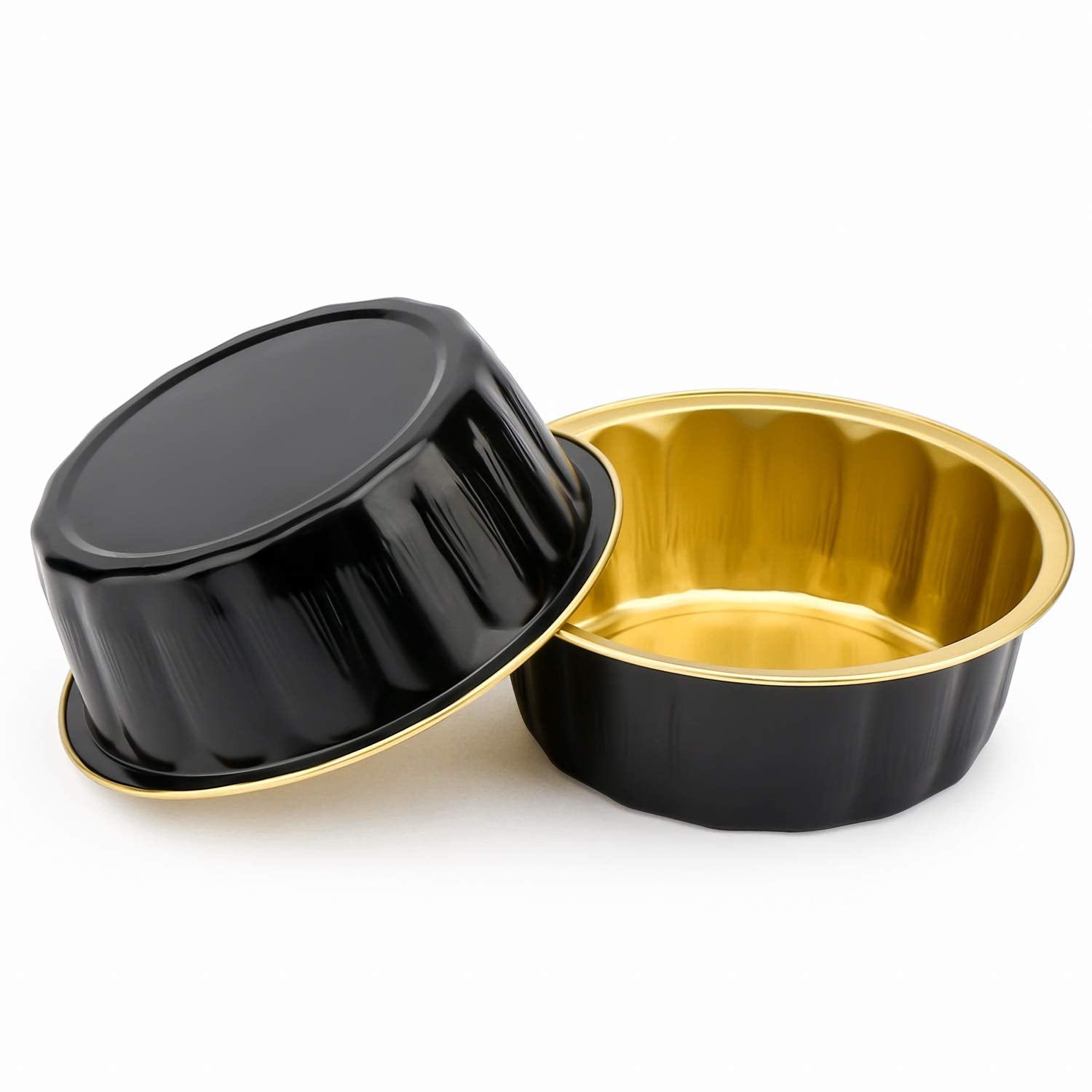 Beasea Disposable Ramekins 8Oz, 100 Pack Black Gold Aluminum Foil Cups With Lids, Disposable Creme Brulee Muffin Cupcake Baking