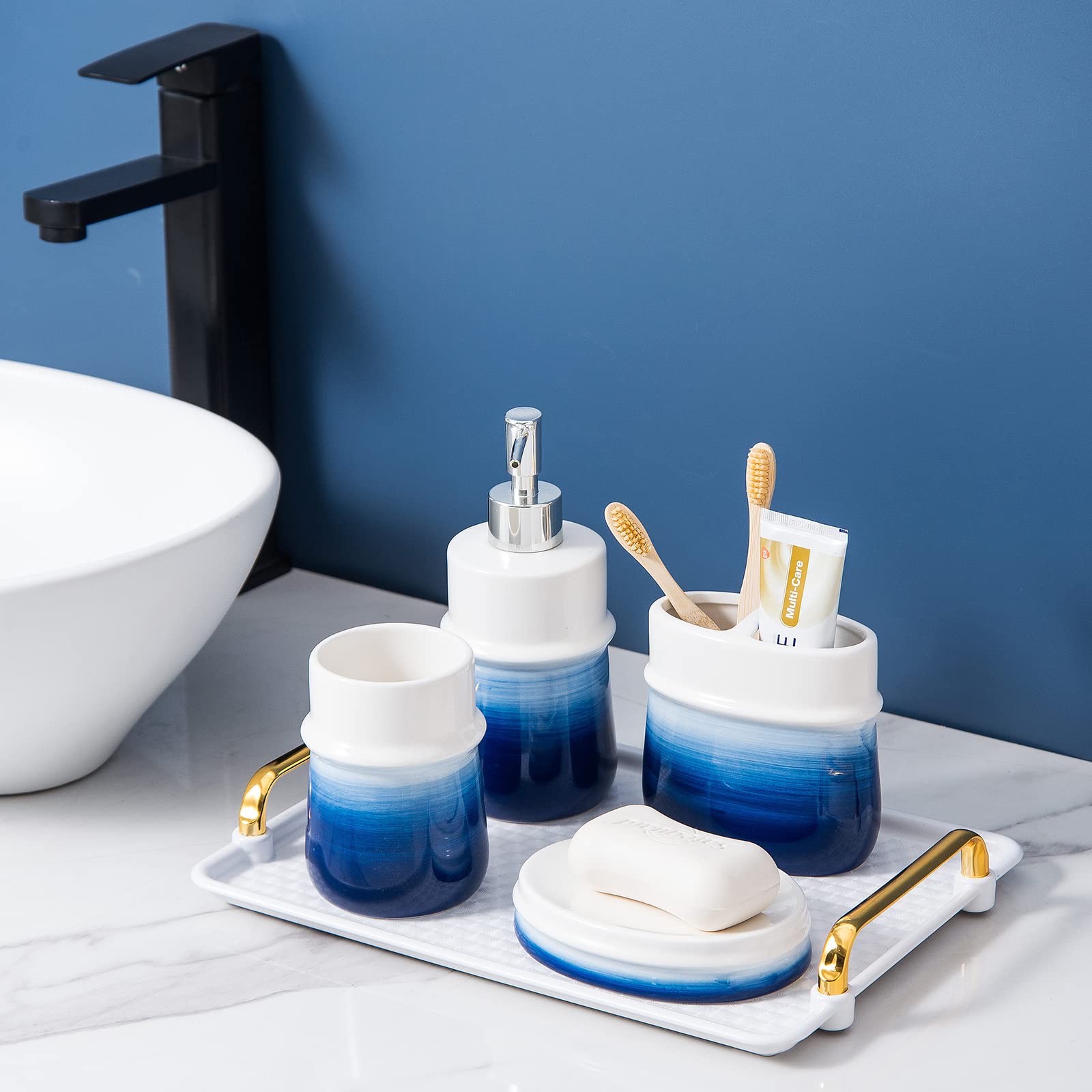 Rzcnc Navy Blue Bathroom Accessories Set, 4-Piece Blue Ceramic Bathroom Decorations Accessories Set,Contain Toothbrush Cup,Soap