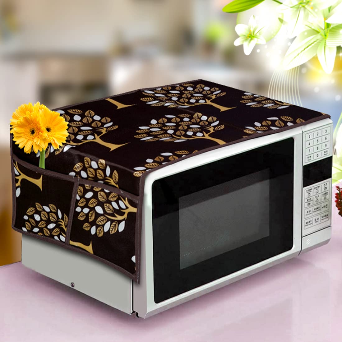 Kanushi Industries Microwave/Oven Top Cover With 4 Utility Pockets (Var-Micro-Brown-Tree)