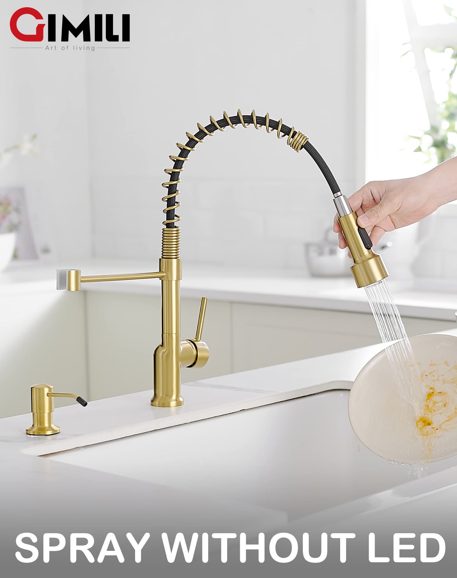 Gimili Brushed Gold Kitchen Faucet With Pull Down Sprayer With Soap Dispenser Single Handle Led Kitchen Sink Faucet