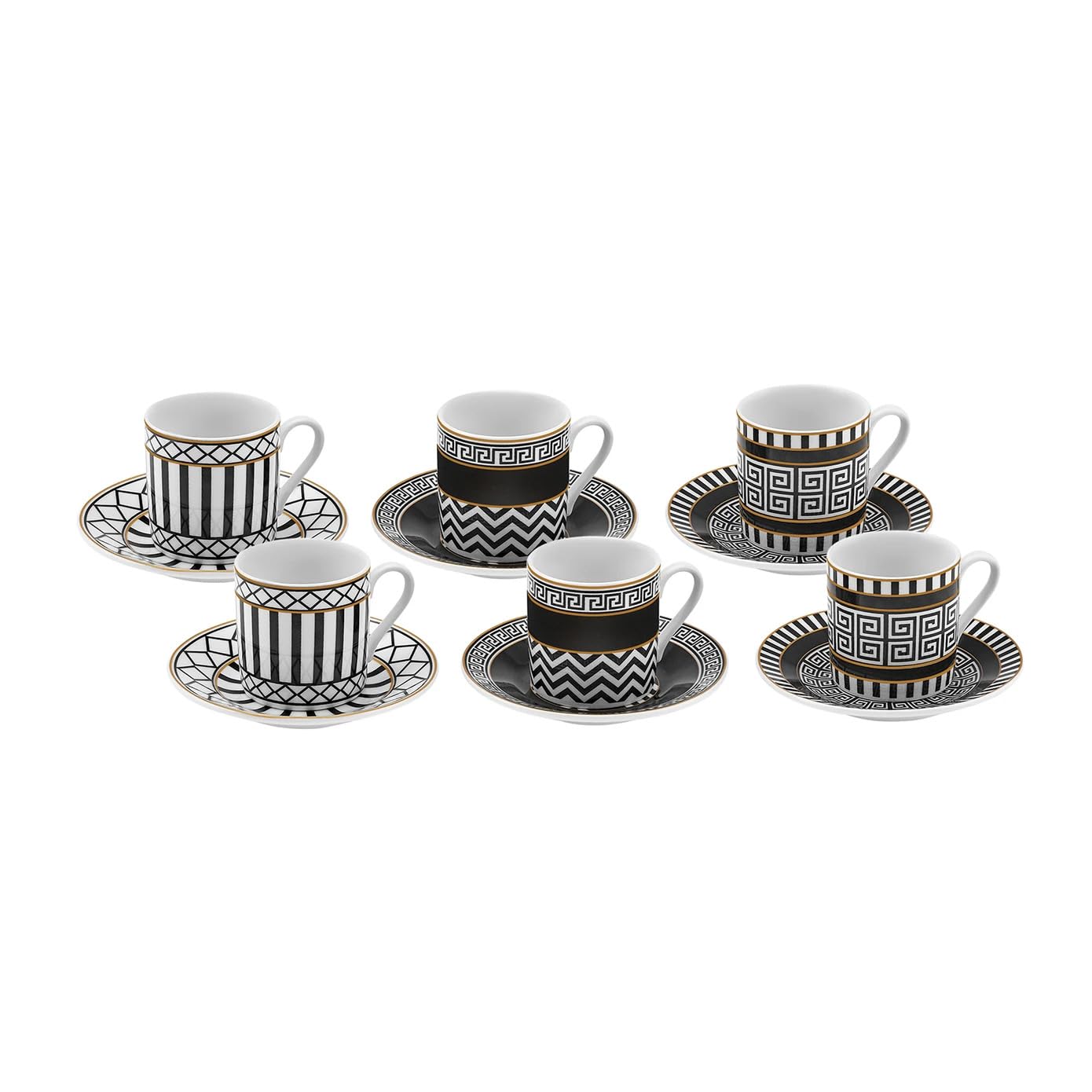 KARACA Helenistic Turkish Small Coffee Cups Set for 6, 12 Piece Porcelain Espresso Cups with Saucers, 80ML Demitasse Coffee Set,