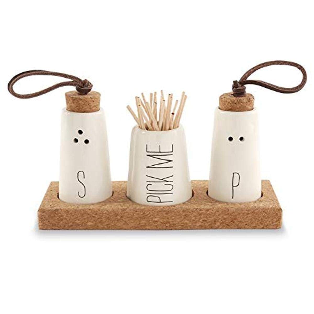Mud Pie, Off-White Salt, Pepper & Toothpick Holder, Size: Tray 2'' X 6'' | Shakers 2 3/4'' X 1 1/2'' Dia