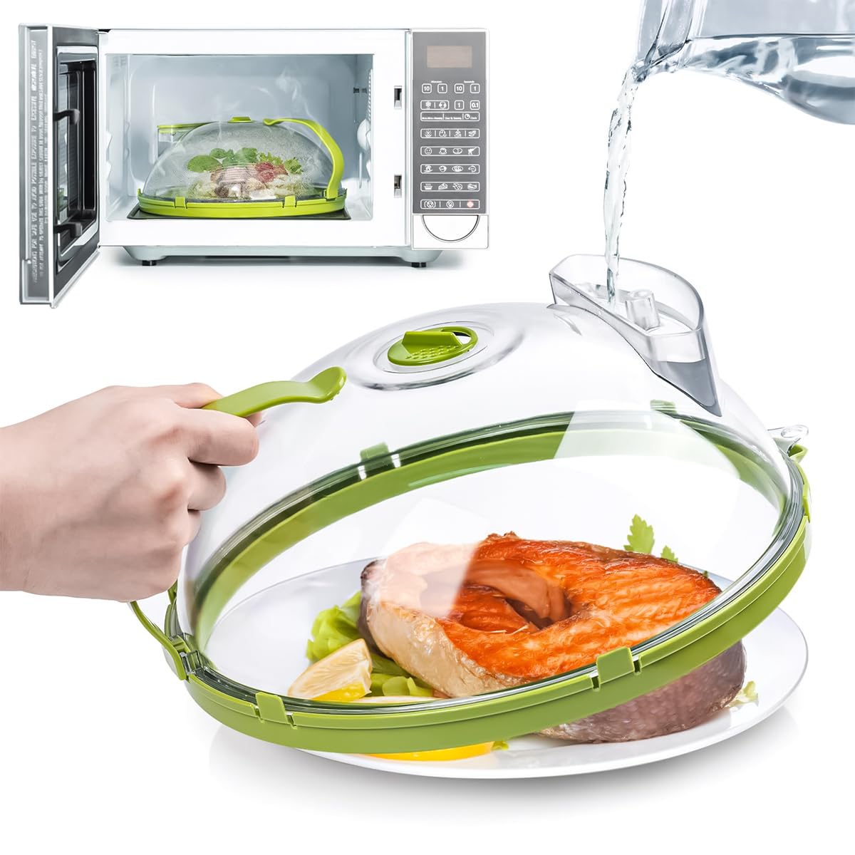 Supvox Microwave Cover for Food, 10 Inch Plate Covers, Clear Splatter Cover with Handle and Water Storage Box, Kitchen Gadgets a