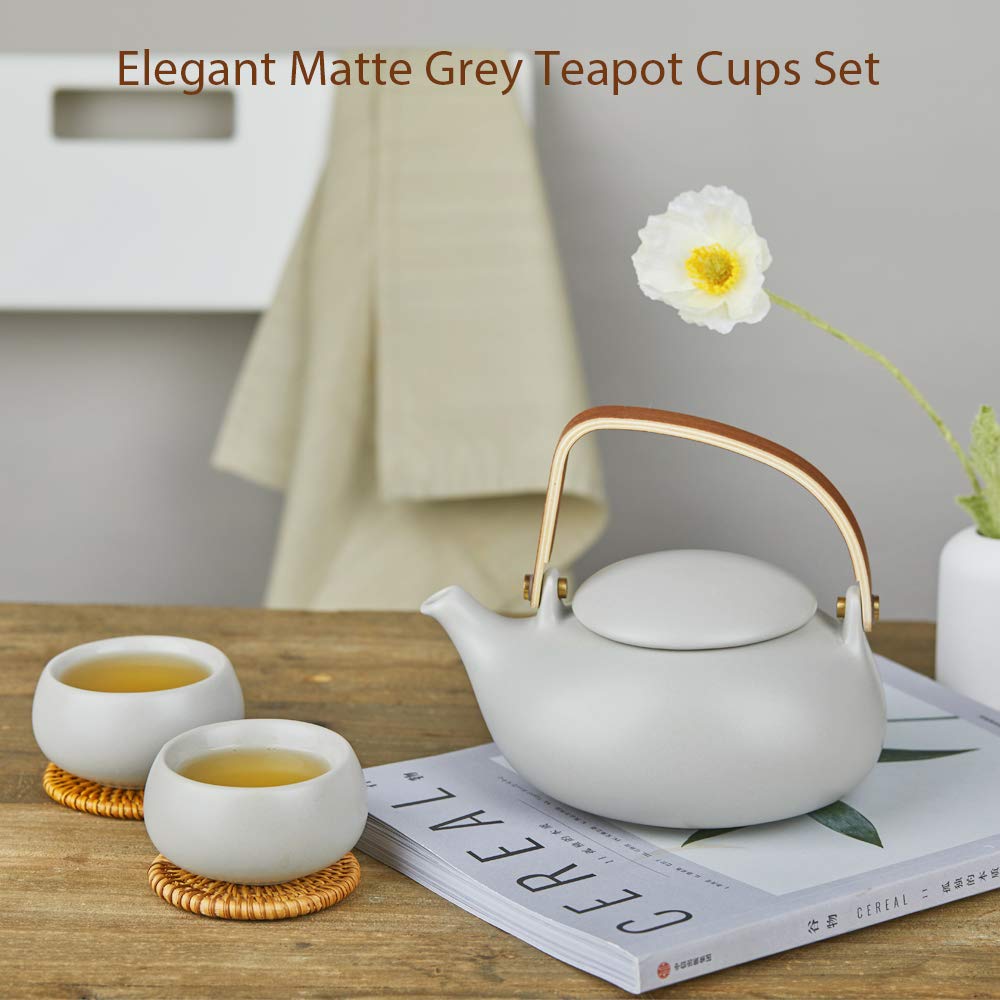 Zens Vintage Japanese Teapot With Strainer, 27Oz Matte Ceramic Loose Leaf Teapot With Infuser For Tea Steeper, Wood Handle Gray