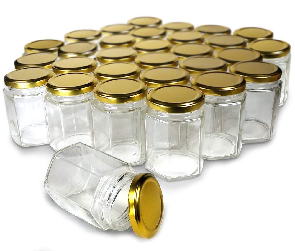 Cloudsell Hexagon Glass Jar With Air Tight Gold Metal Cap, 200 Ml, Set Of 12, Transparent