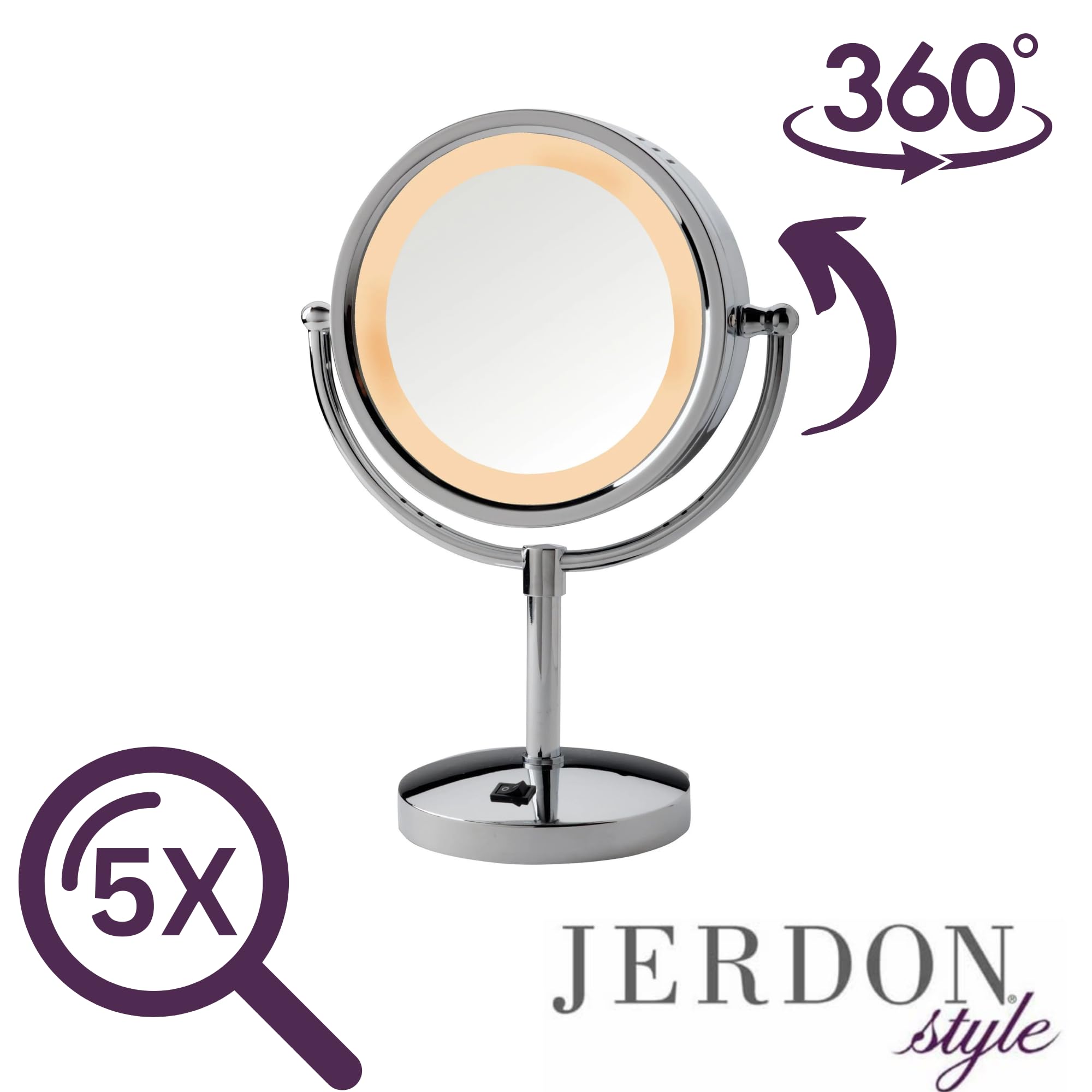 Jerdon Lighted Tabletop Makeup Mirror - Led Lighted Vanity Mirror With 1X And 5X Magnification In Chrome Finish - Model Hl745Co