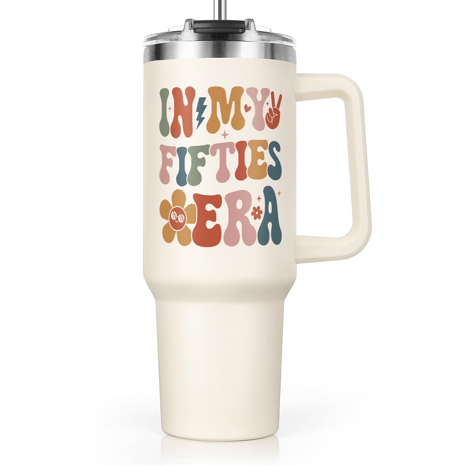 Shqiueos 50th Birthday Gift for Her 40oz Tumbler with Handle and Straw Lid