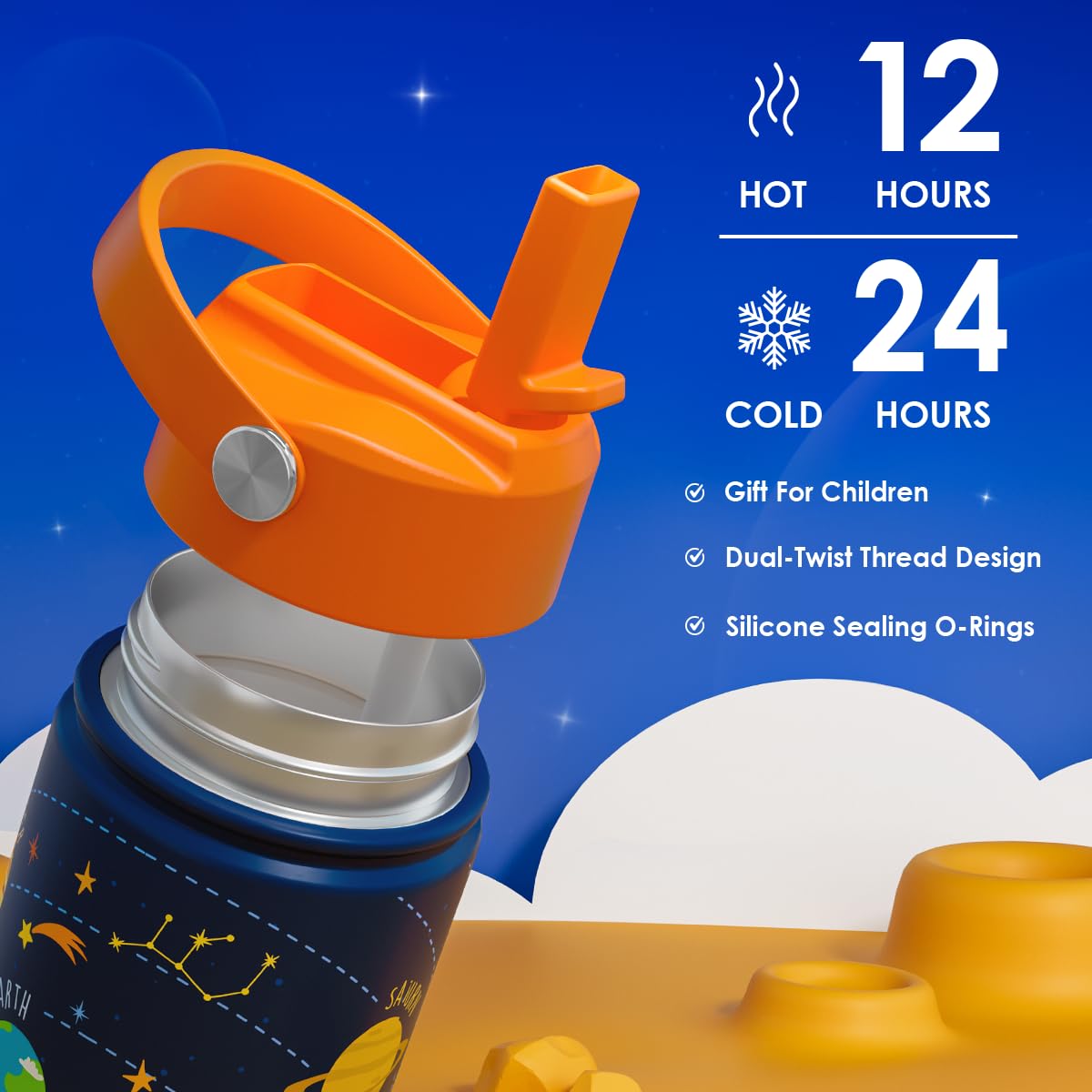 Solar System Kids Water Bottle With Straw Lid 12oz Insulated Stainless Steel, Travel Tumbler, Gifts For Boys, Birthday, Christma