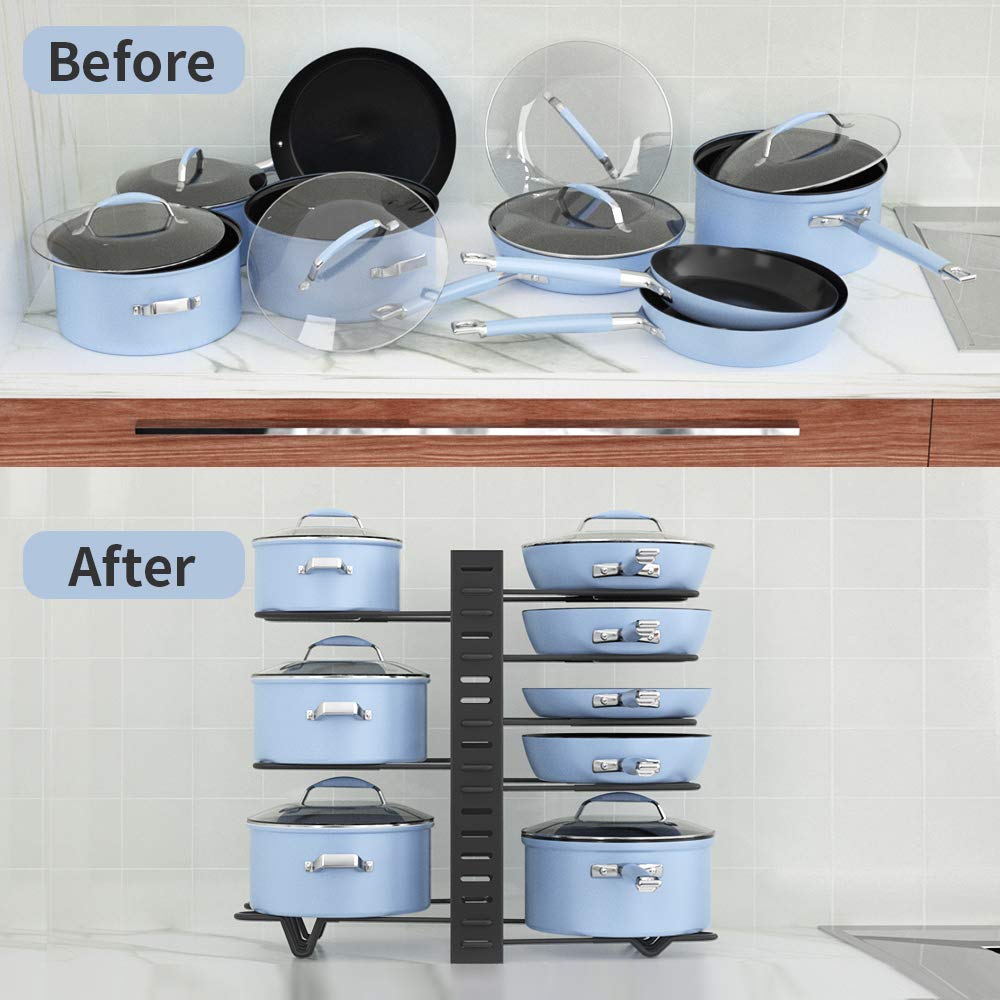 Felibeaco Adjustable Pots And Pans Organizer Rack For Cabinet, Metal Pans Pots Lids Storage Holder Rack With 3 Diy Methods For K