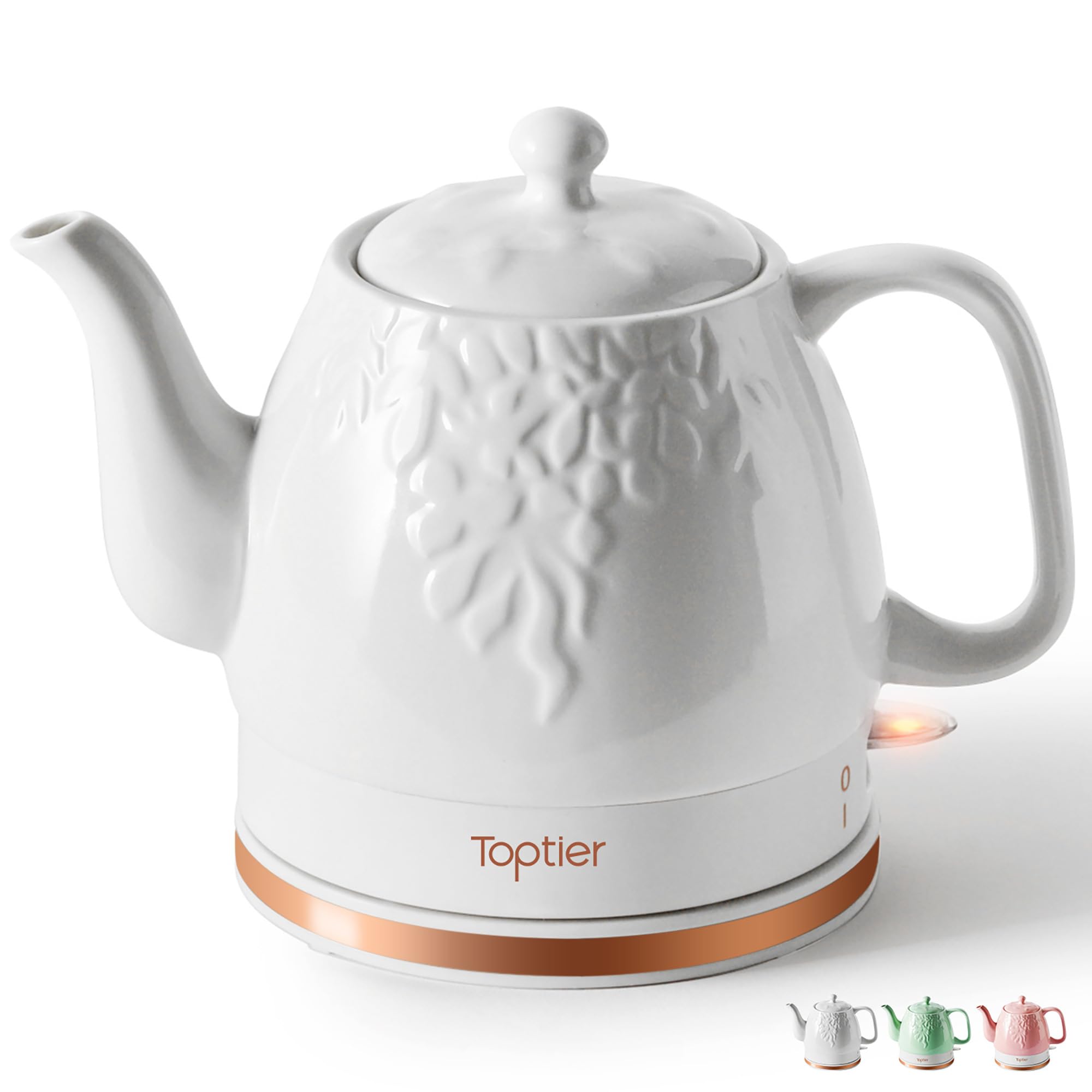 Toptier Electric Ceramic Tea Kettle, Boil Water Quickly and Easily, Detachable Swivel Base & Boil Dry Protection, Carefree Auto 