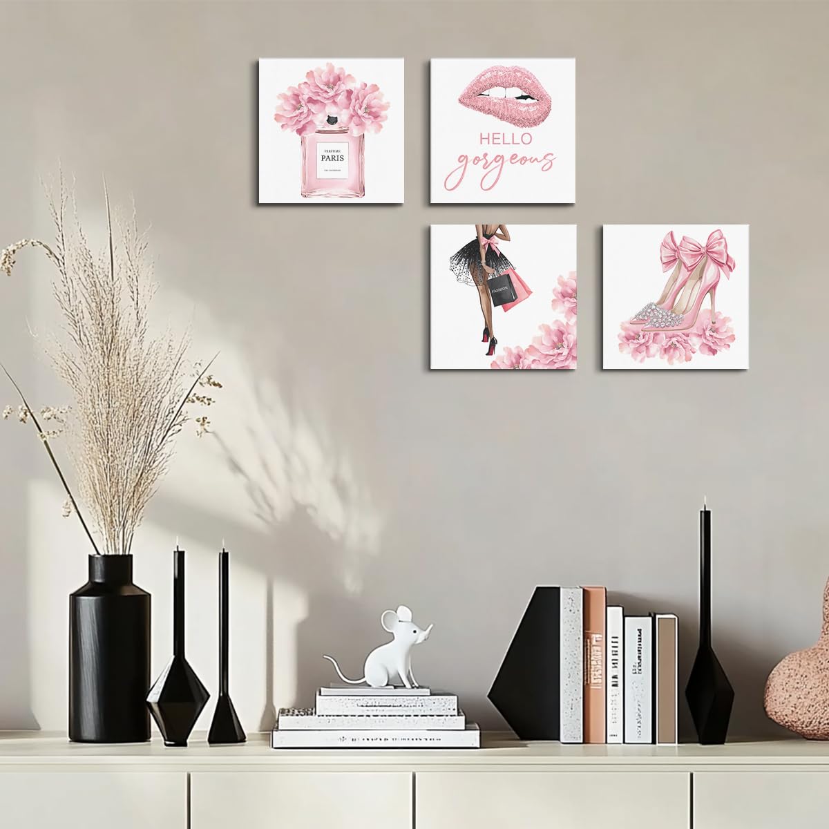 4 Pcs Pink Fashion Canvas Wall Art, Perfume High Heels Lipstick Beauty Wall Decor, Aesthetic Framed Posters Art Prints Artwork P