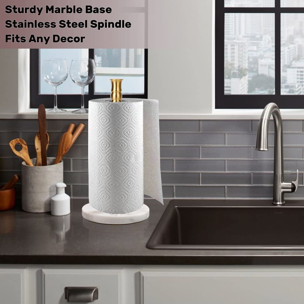 Gold Paper Towel Holder Countertop With Heavy Marble Base, Free Standing Paper Towel Holder Stand (Gold Brushed, Marble Base)