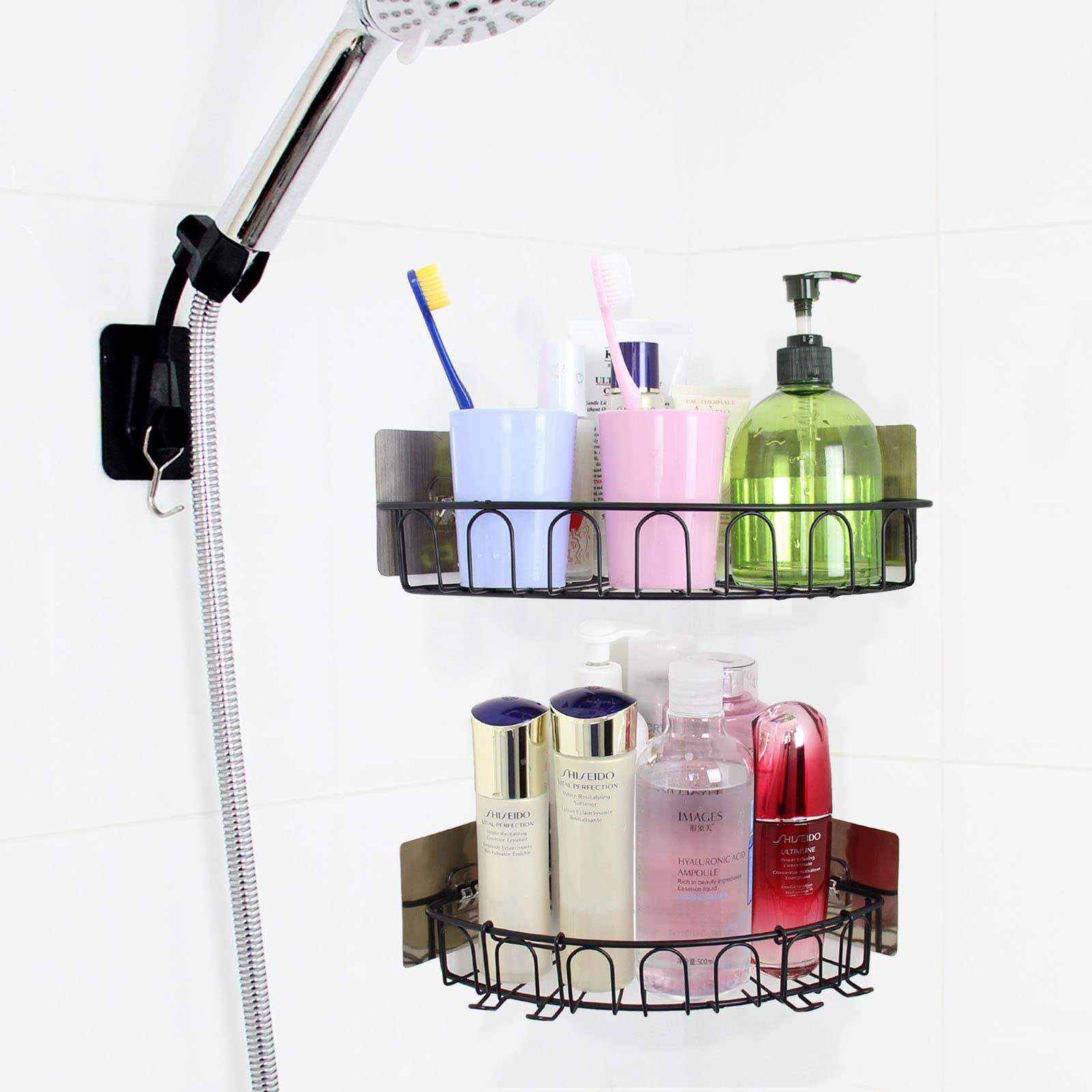 Casaphoria Bathroom Corner Suction Cup Adhesive Black Shower Shelves Caddy Organizer Shelf Hanging Wall Mount Bathroom Corner Shelf No Drilling(2-Pack)