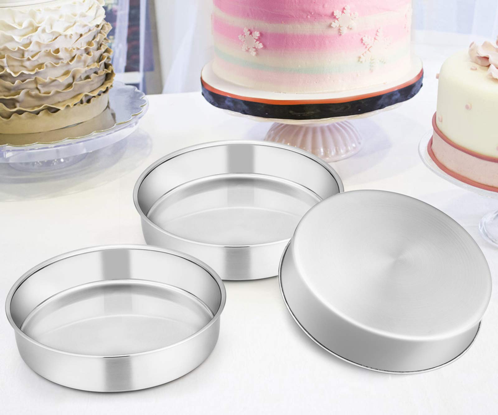 E-Far 8 Inch Cake Pan Set Of 3, Stainless Steel Round Layer Cake Baking Pans, Non-Toxic & Healthy, Mirror Finish & Dishwasher Sa