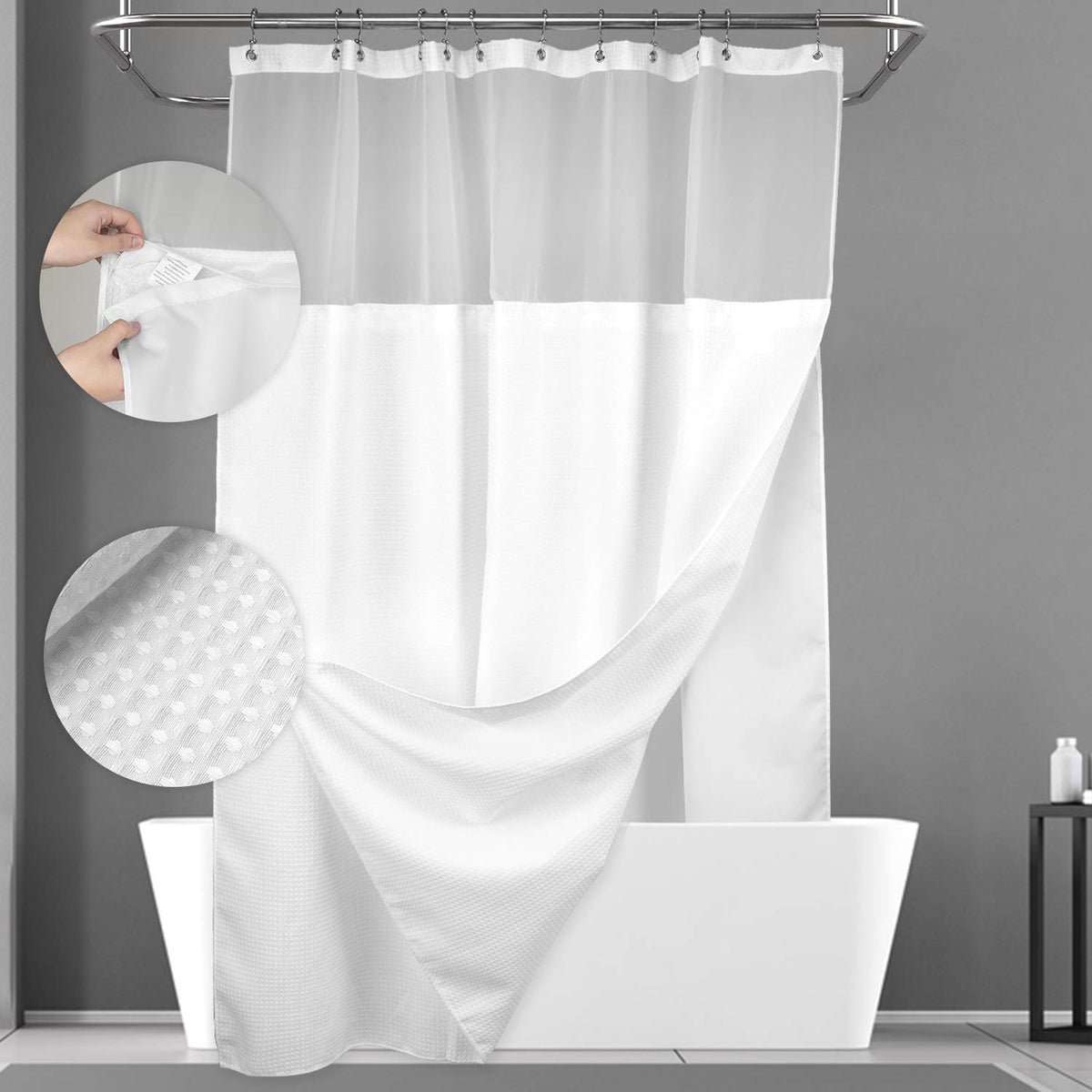 N&Y Home Long Waffle Weave Shower Curtain 75 Inch Length With Snap-In Fabric Liner & Metal Hooks Set - Hotel Style, Waterproof &