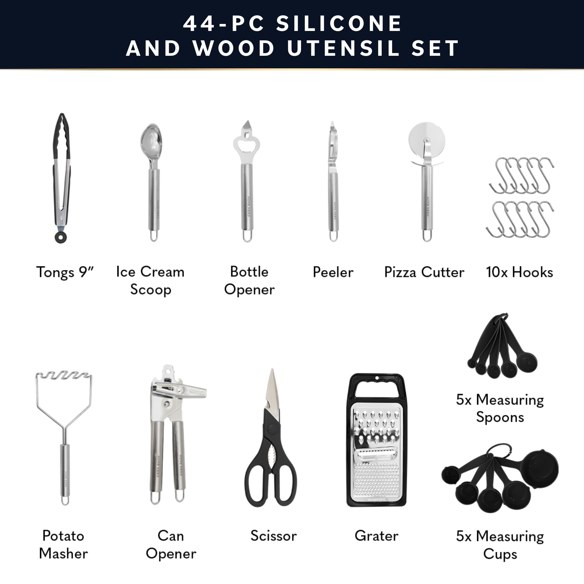 Home Hero 44 Pcs Silicone Kitchen Utensils Set, Non-Stick Silicone Cooking Utensils Set With Spatula, Wooden Handle Spatula, Sil
