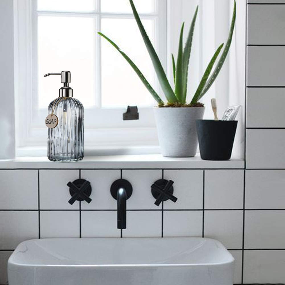 JASAI 18 Oz Vertical Stripes Kitchen Soap Dispenser with 304 Rust Proof Stainless Steel Pump  Refillable Liquid Soap Dispenser for Bathroom  Kitchen  Hand Soap  Dish Soap (Clear Grey)