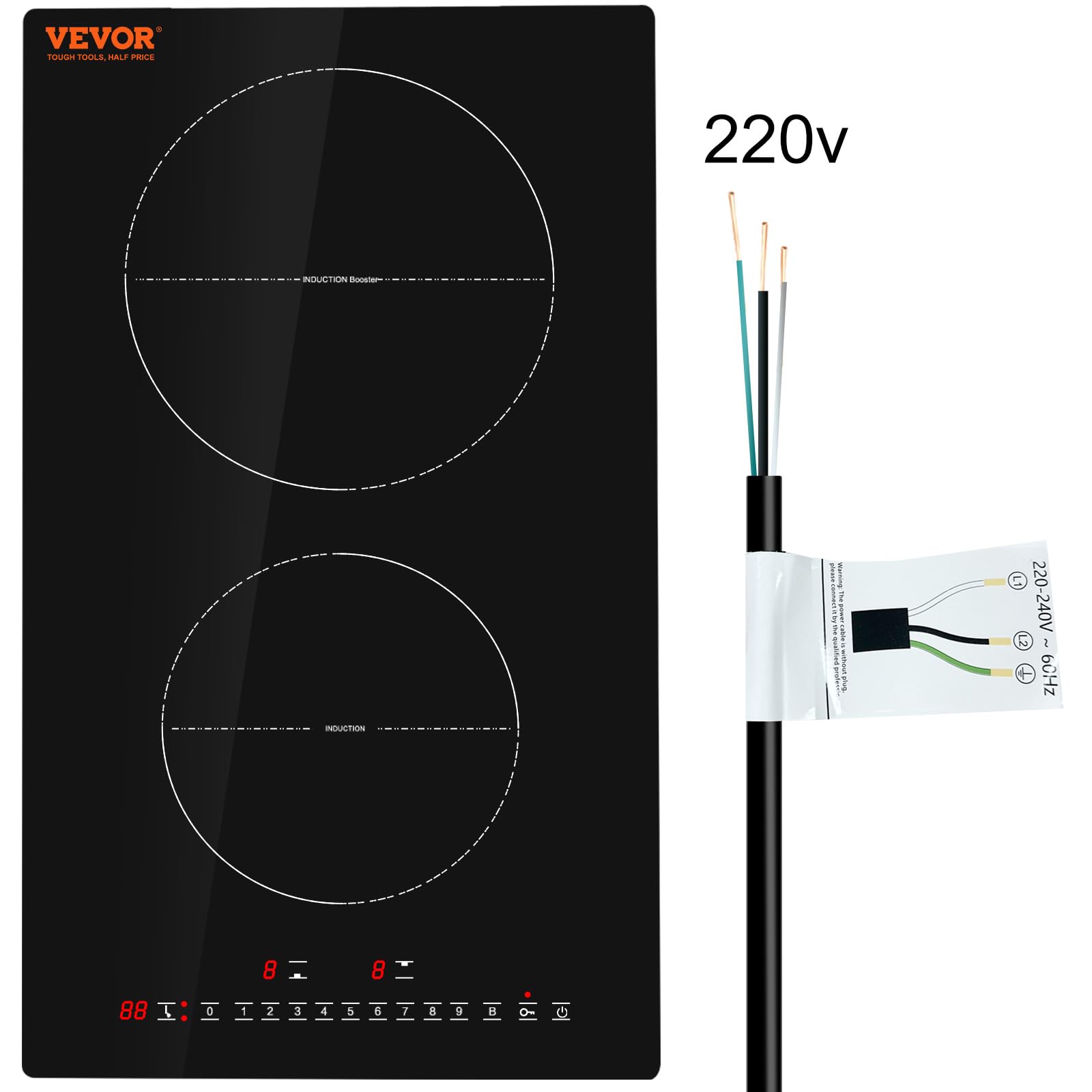 Vevor Built-In Induction Electric Stove Top 12 Inch,2 Burners Electric Cooktop,9 Power Levels & Sensor Touch Control,Easy To Cle