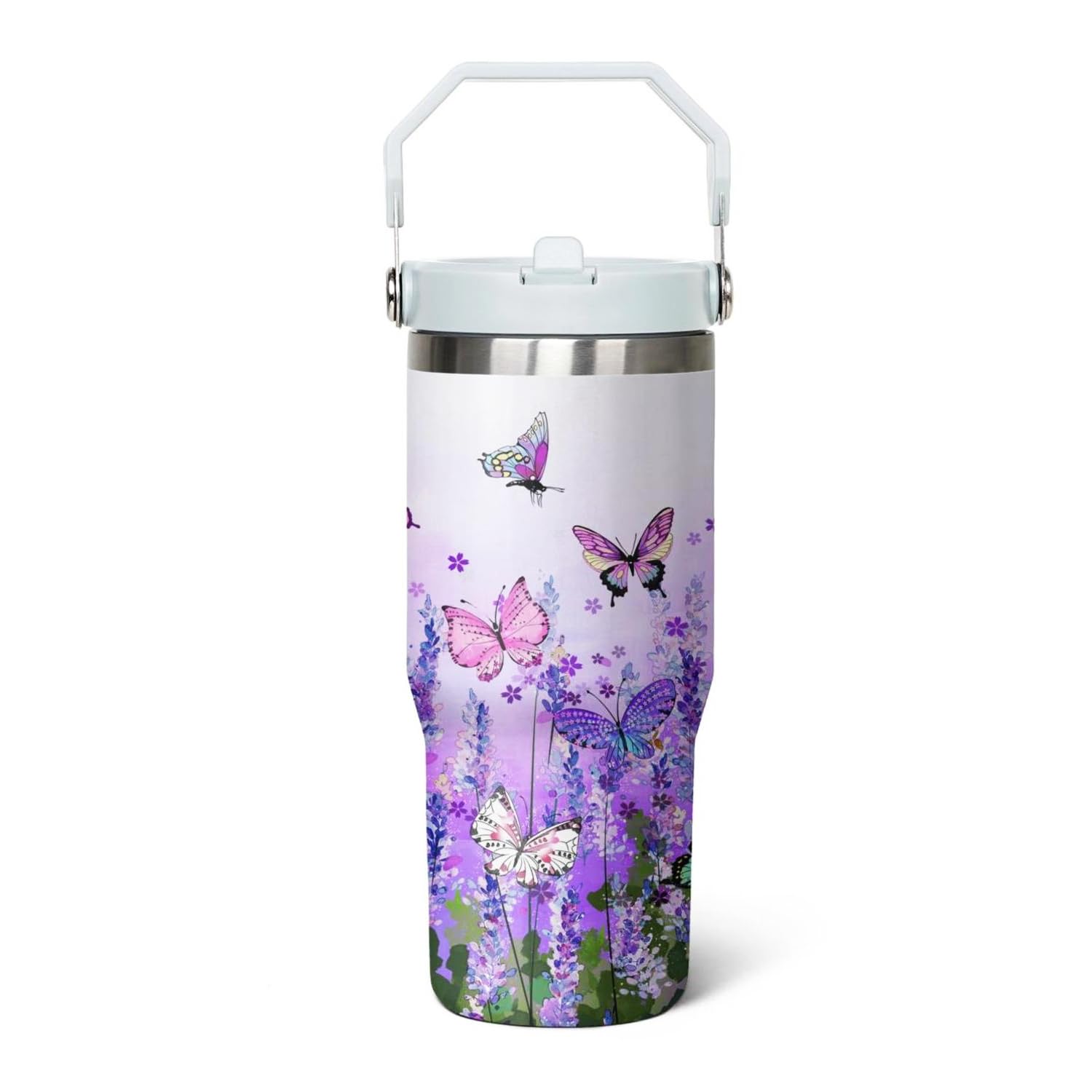qwpmvhsak 30 Oz Flip Tumbler with Handle Lid and Straw,Purple Butterfly Reusable Tumbler Water Bottle Travel Coffee Cup Mug,Butt