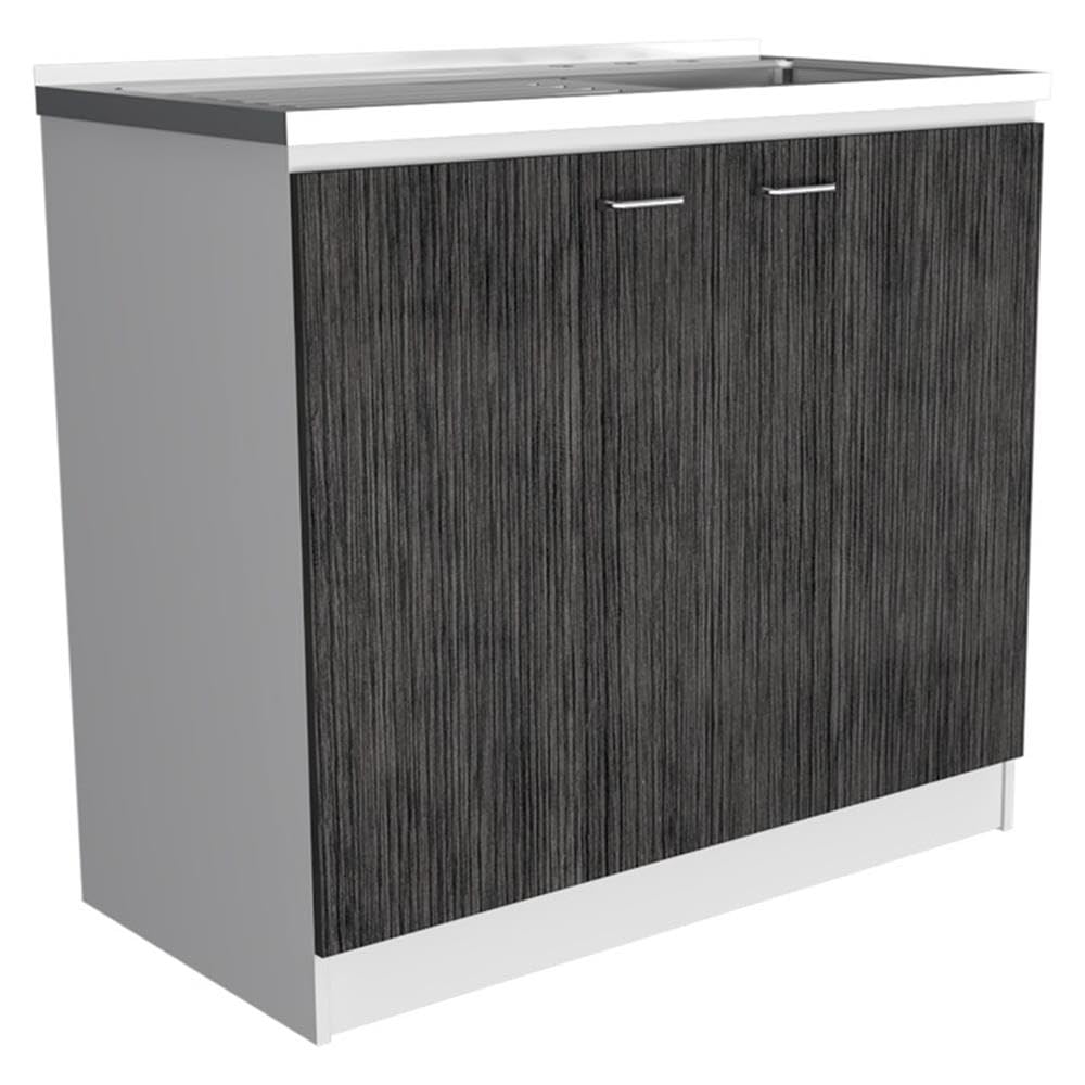 TUHOME Napoles Utility Sink  Two Shelves  Two-Door Cabinet  Countertop- White/Smoky Oak  For Kitchen Room