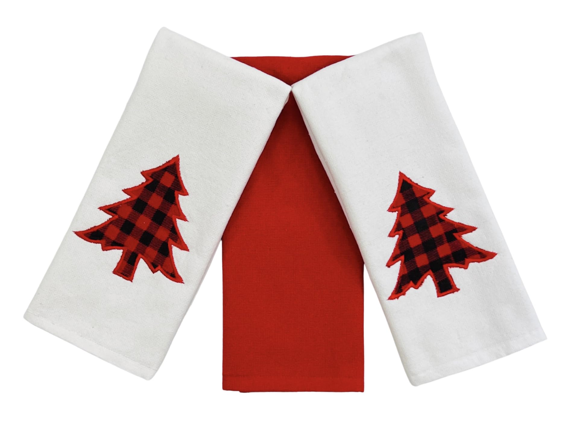 Serafina Home Holiday Winter Kitchen Hand Towels: Two Checkered Trees And One Solid Towels: 100% Cotton 3 Pc