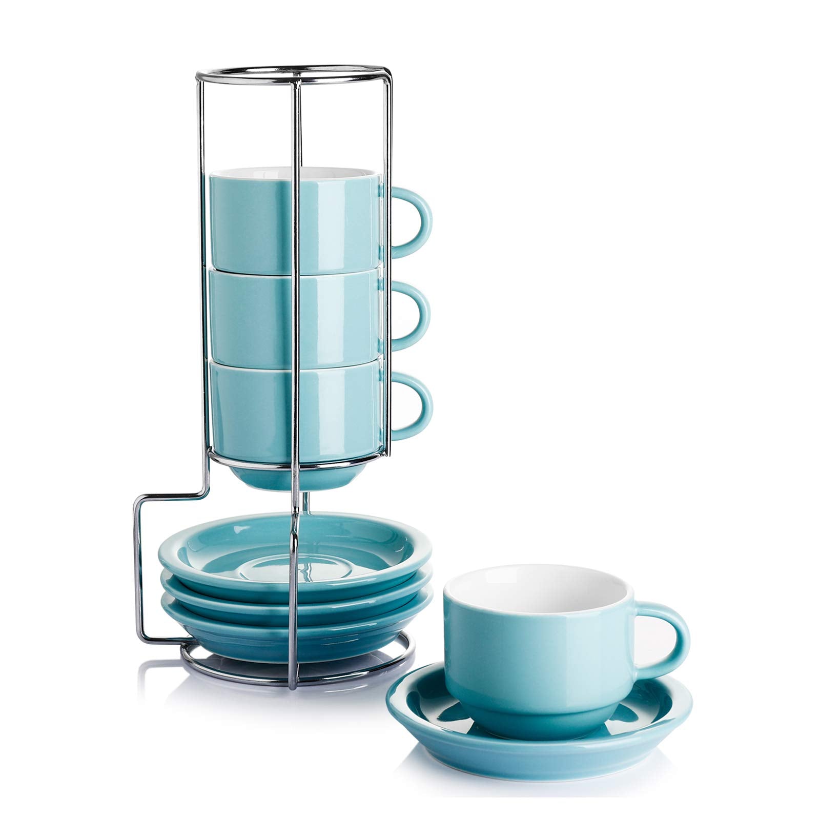 Sweese 2.5 Ounce Porcelain Stackable Espresso Cups With Saucers And Metal Stand Set Of 4, Turquoise