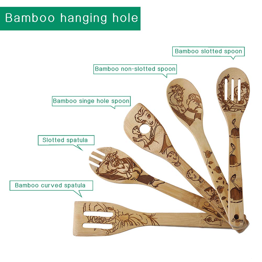 Beauty And The Beast Burned Wooden Spoons Cooking &Serving Utensils Set Bamboo Spoon Slotted Kitchen Utensil Fun Gift Idea Warmi