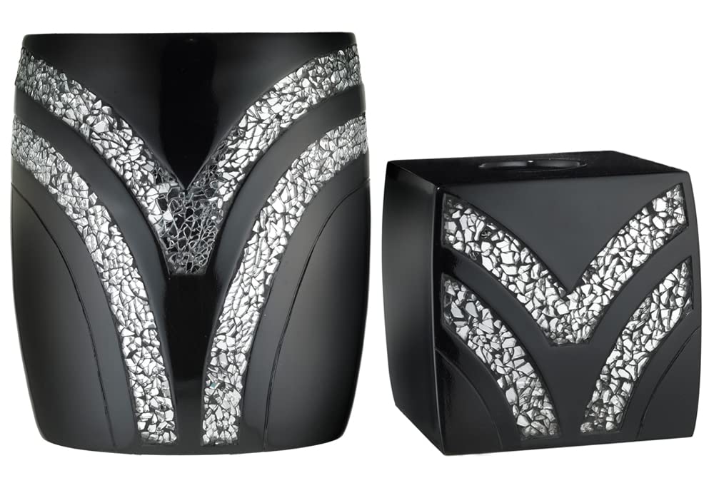 Zahari Home 2Pc Sinatra Black Modern Bath Accessories Set Waste Basket & Tissue Box Modern Decorative Beautiful Designs Bathroom
