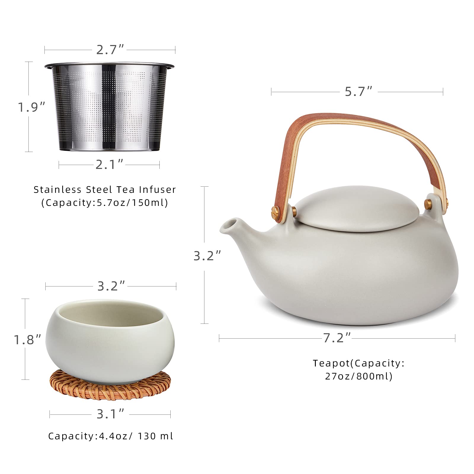 ZENS Vintage Japanese Tea Set, 27oz Ceramic Japanese Teapot with Infuser, Wood Handle Matte Gray Teapot with Strainers and 4 Cup