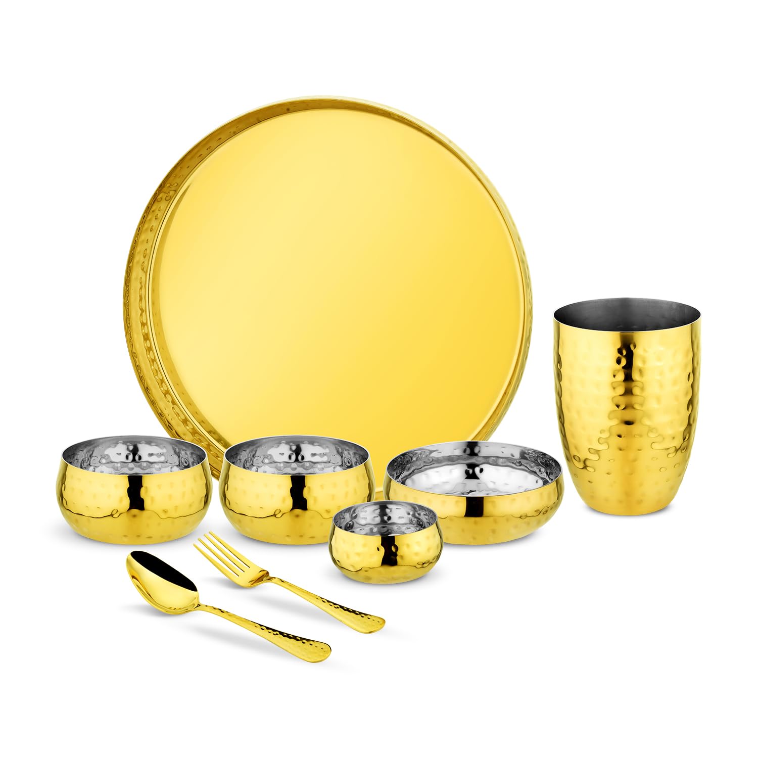 Rajwada Stainless Hammered Steel Gold Thali Set Of 1 | 8 Pcs Set (Pvd Gold) | Or | Ramya Masala Box/Spice Box/Storage/Organiser