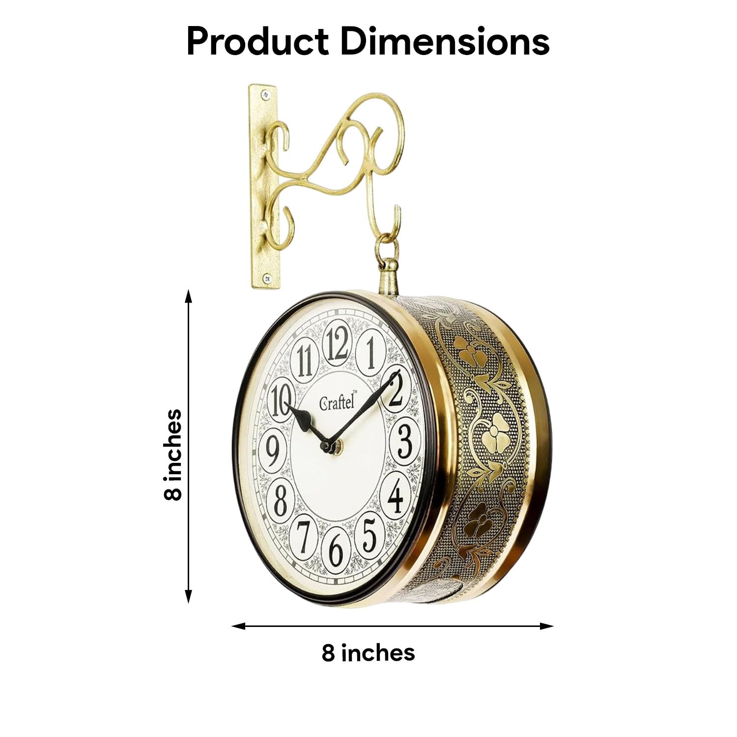 CRAFTEL Metal Analog Double Sided Vintage English Roman Station Wall Clock (Shiny Gold_8 Inches)