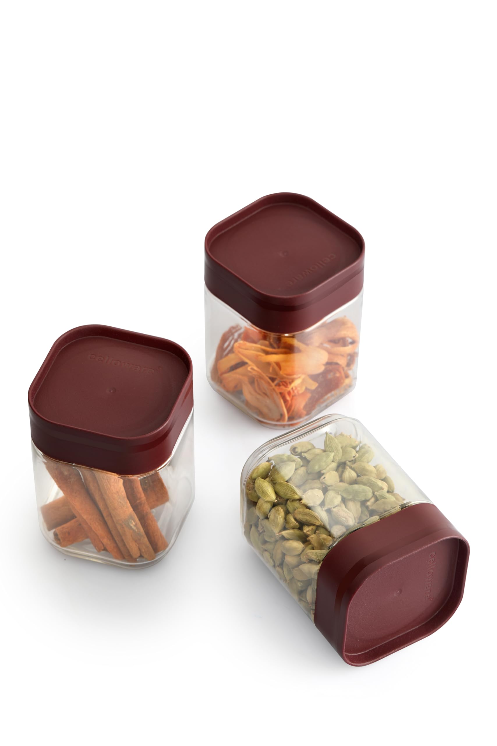 Cello Modustack Square Storage Containers Set Of 3, (300Mlx3), Maroon |Food Grade, Stackable, See Through Pet Kitchen Organizer|