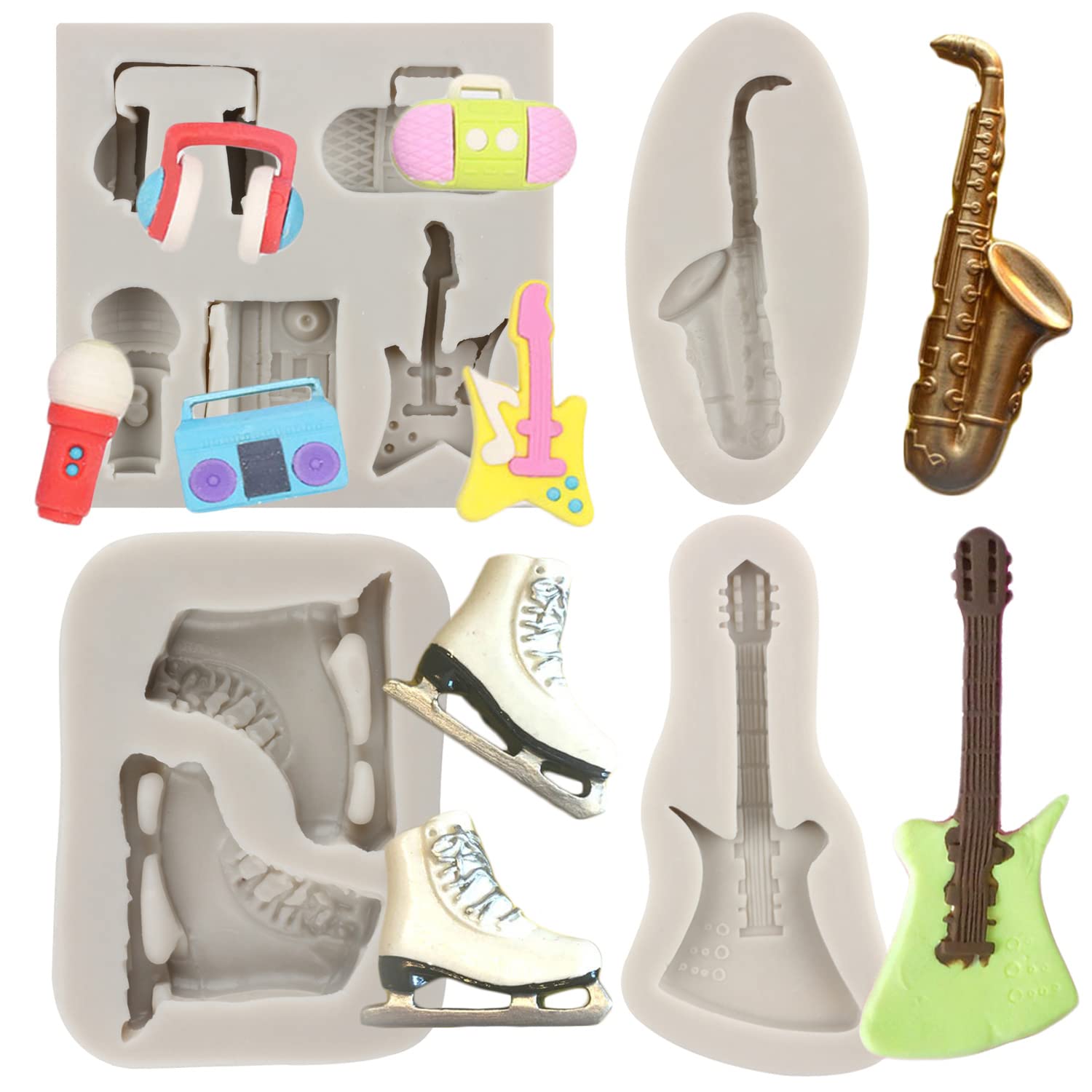Sijiangmold Ice Skates Fondant Molds Boombox Microphone Radio Guitar Saxophone Silicone Mold For Disco Party Cake Decorating Cup